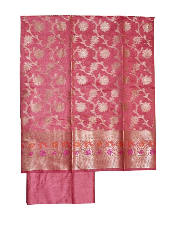 Peach Unstitched Banarasi Cotton Silk Dress Material for Women