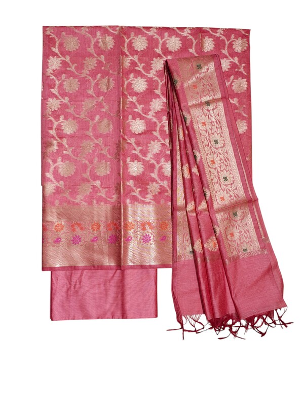 Peach Unstitched Banarasi Cotton Silk Dress Material for Women