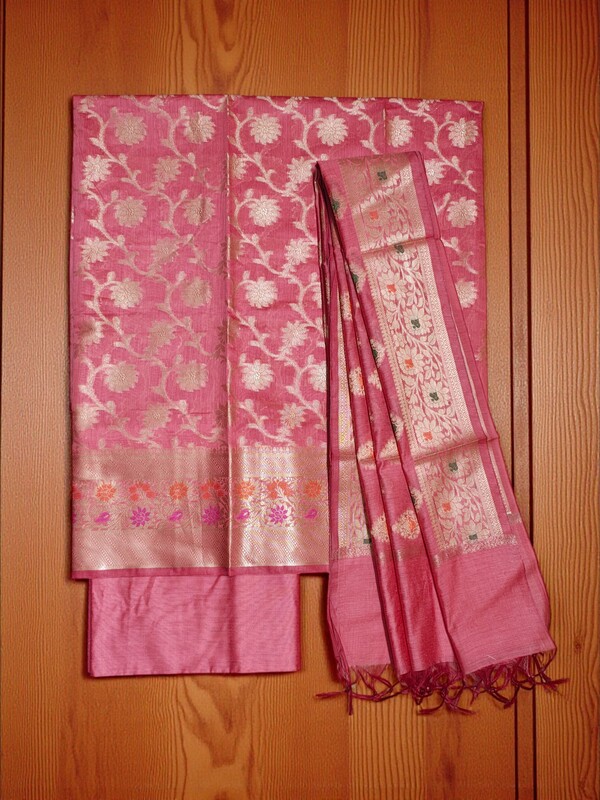 Peach Unstitched Banarasi Cotton Silk Dress Material for Women