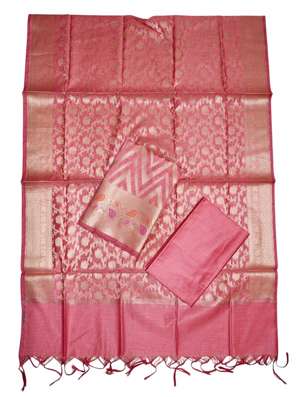 Pink Unstitched Banarasi Cotton Silk Salwar Suit Set with Dupatta for Women