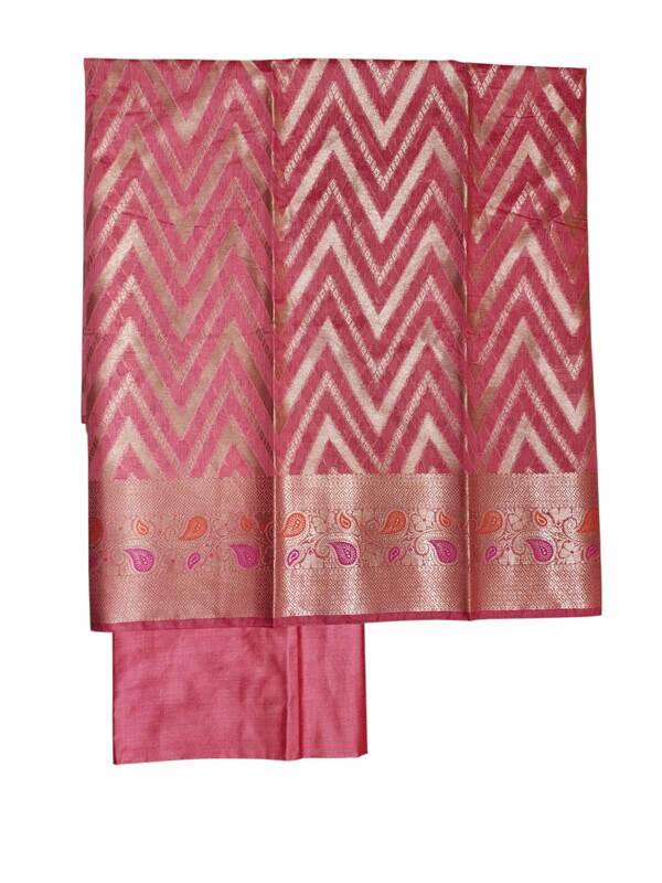 Pink Unstitched Banarasi Cotton Silk Salwar Suit Set with Dupatta for Women