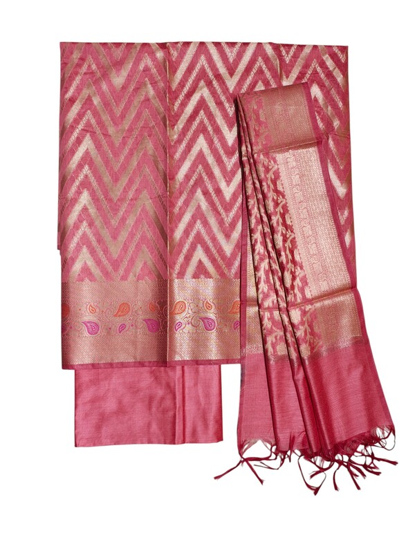 Pink Unstitched Banarasi Cotton Silk Salwar Suit Set with Dupatta for Women