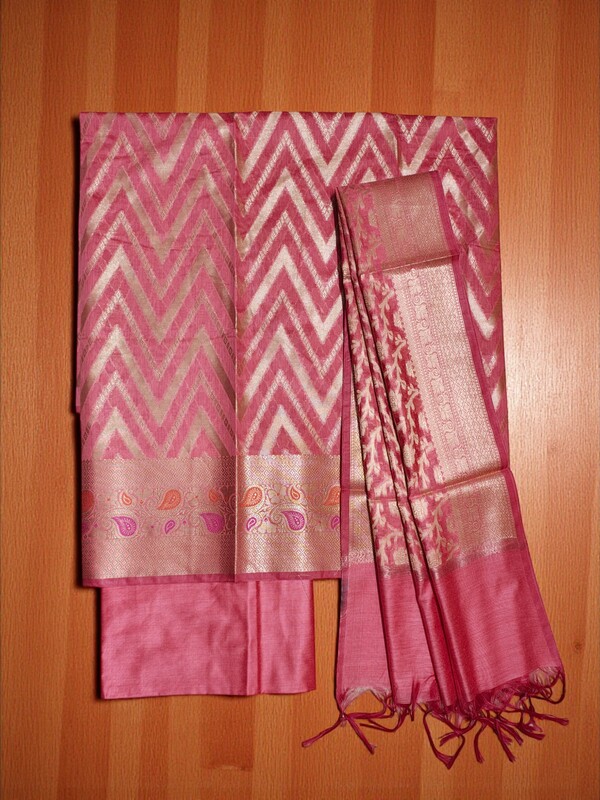 Pink Unstitched Banarasi Cotton Silk Salwar Suit Set with Dupatta for Women