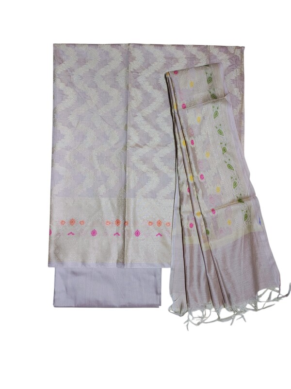 Beige Banarasi Cotton Silk Dress Material for Women