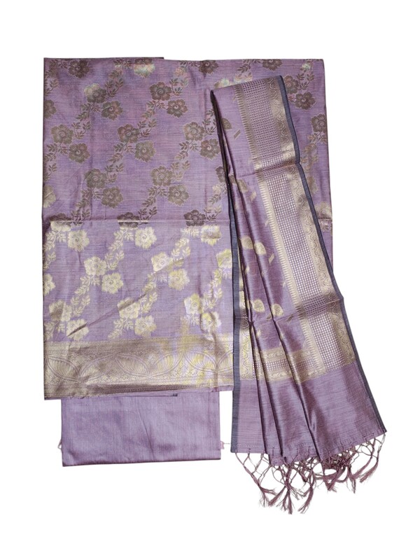 Lavender Banarasi Silk Unstitched Suit Set with dupatta for Women