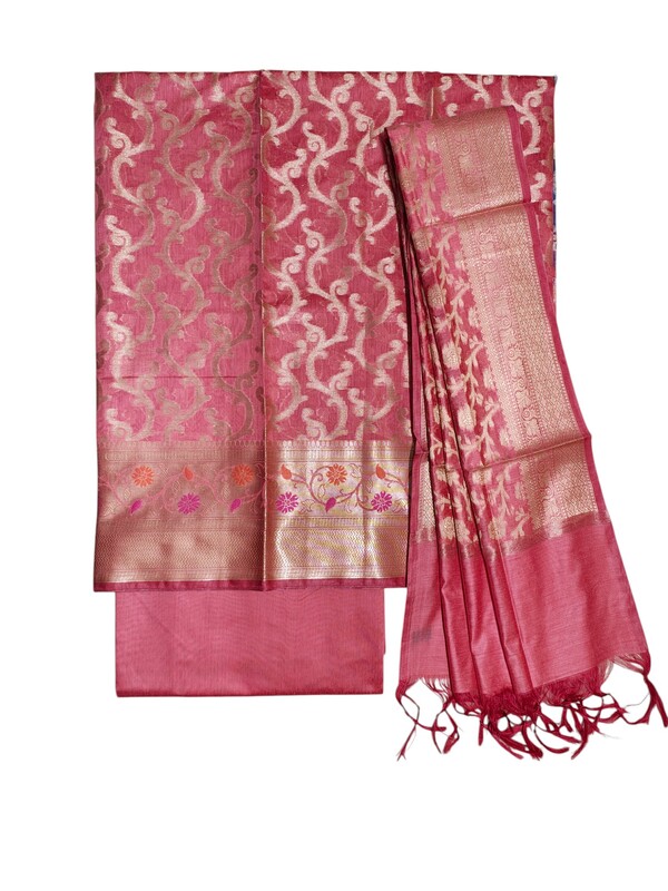 Baby Pink Banarasi Silk Unstitched Suit Set with dupatta for Women