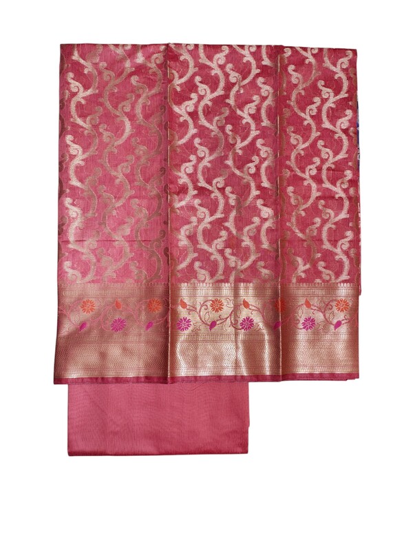 Baby Pink Banarasi Silk Unstitched Suit Set with dupatta for Women