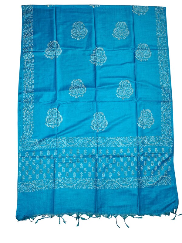 Turquoise Unstitched Block Print Silk Salwar Suit Dress Material with Dupatta