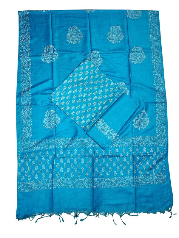 Turquoise Unstitched Block Print Silk Salwar Suit Dress Material with Dupatta