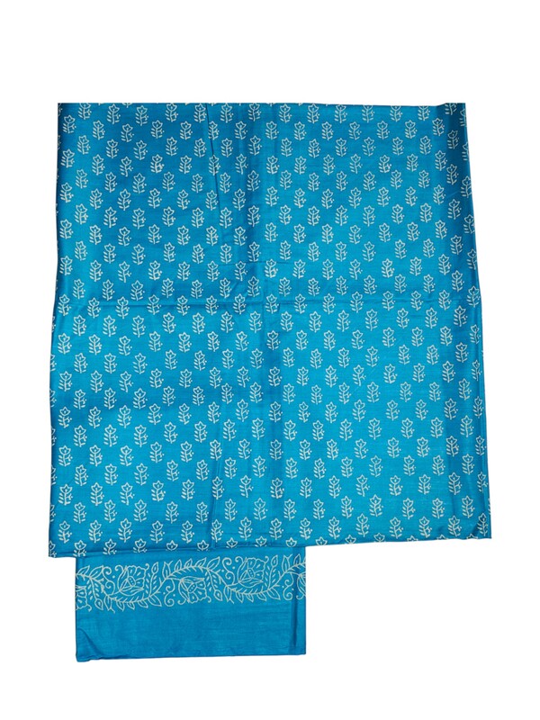 Turquoise Unstitched Block Print Silk Salwar Suit Dress Material with Dupatta