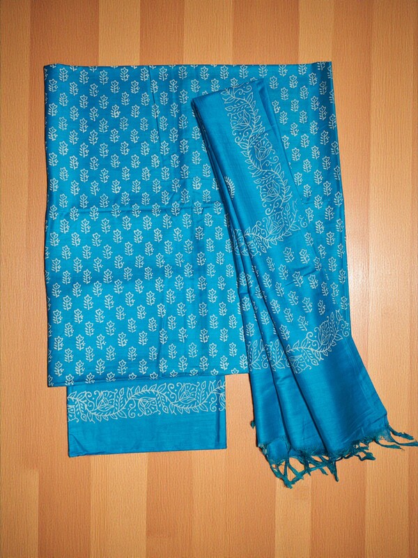 Turquoise Unstitched Block Print Silk Salwar Suit Dress Material with Dupatta