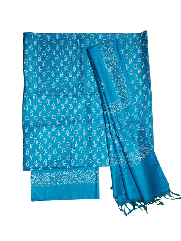 Turquoise Unstitched Block Print Silk Salwar Suit Dress Material with Dupatta