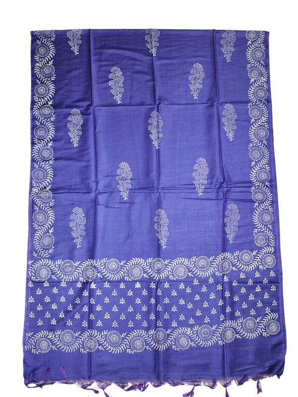 Indigo Block Print Unstitched Silk Salwar Suit Dress Material with Dupatta