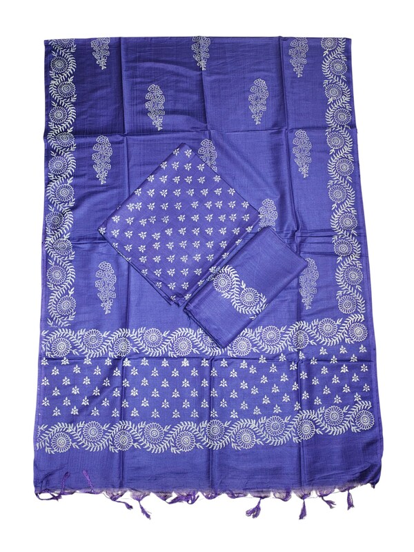 Indigo Block Print Unstitched Silk Salwar Suit Dress Material with Dupatta