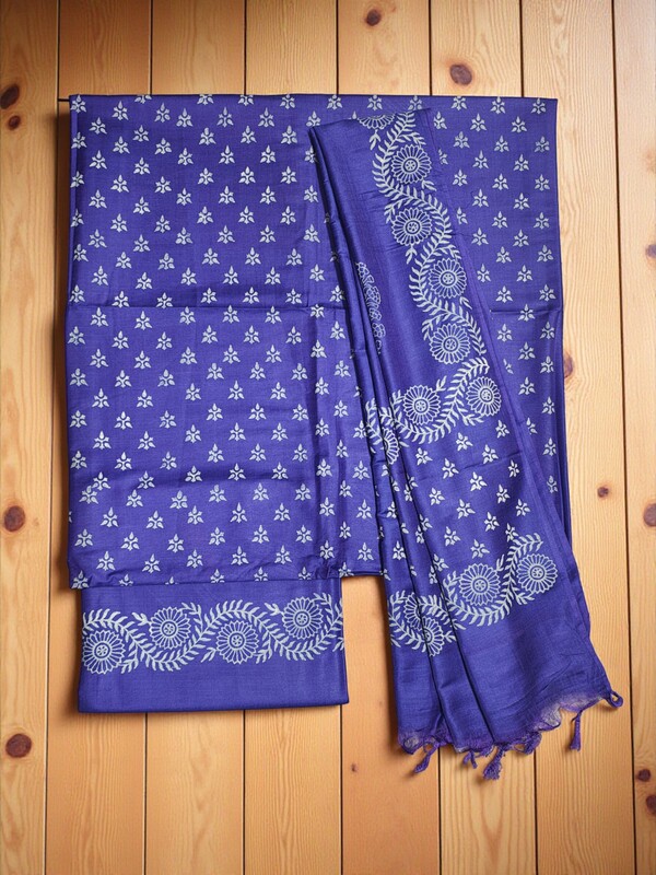 Indigo Block Print Unstitched Silk Salwar Suit Dress Material with Dupatta