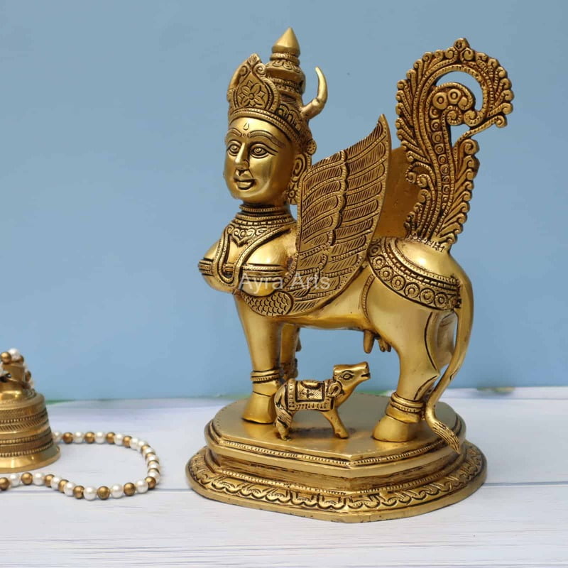 Brass Kamadhenu The Wish-Fulfilling Cow Idol Surabhi Statue for Home Decor Vastu Feng Shui Good Luck Marriage Couple Gift Height - 10 Inch Height