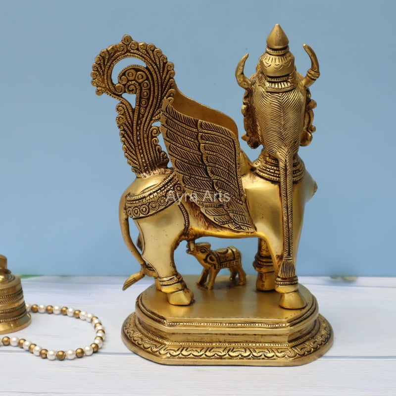 Brass Kamadhenu The Wish-Fulfilling Cow Idol Surabhi Statue for Home Decor Vastu Feng Shui Good Luck Marriage Couple Gift Height - 10 Inch Height