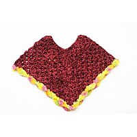 (1-2 Years) Kids Handknitted Woolen Poncho, Burgundy with Yellow and Pink Trim