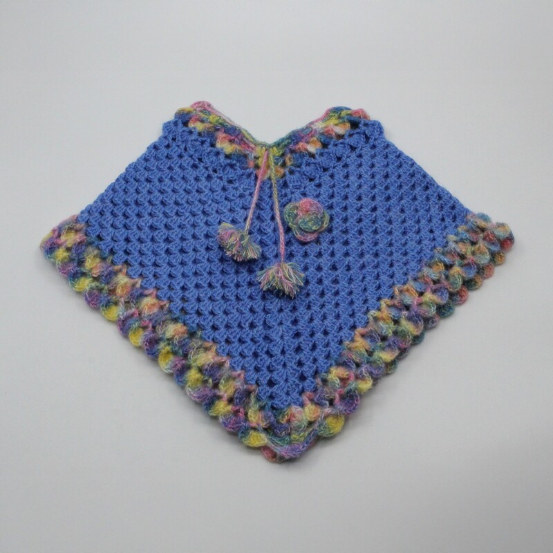 (1-2 Years) Handknitted Kids Woolen Poncho, Blue with Multicolour Floral Trim