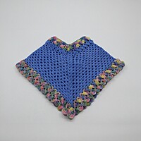 (1-2 Years) Handknitted Kids Woolen Poncho, Blue with Multicolour Floral Trim