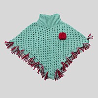 (1-2 Years) Kids Handknitted Woolen Poncho, Mint Green with Red Tassels
