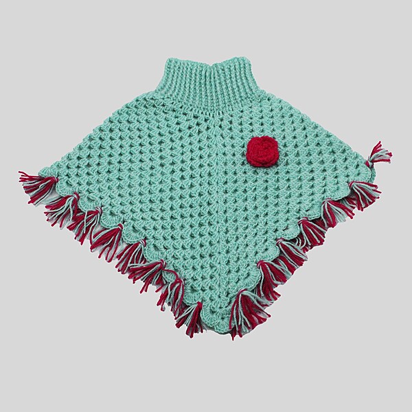 (1-2 Years) Kids Handknitted Woolen Poncho, Mint Green with Red Tassels