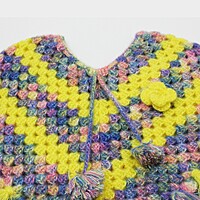 (1-2 Years) Kids Handknitted Woolen Poncho, Yellow and Blue Pattern with Tassels