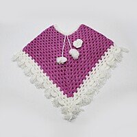 (1-2 Years) Kids Handknitted Pink and White Woolen Poncho with Pom Poms