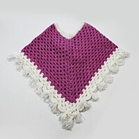 (1-2 Years) Kids Handknitted Pink and White Woolen Poncho with Pom Poms