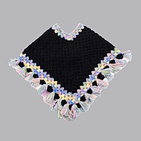 (1-2 Years) Kids Black Handknitted Woolen Poncho with Fringe Trim