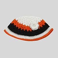 (3-4 Years) Kids Handknitted Woolen Poncho with Cap, Orange White & Black Striped Pattern