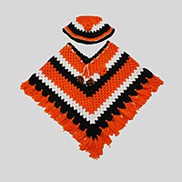 (3-4 Years) Kids Handknitted Woolen Poncho with Cap, Orange Black and White Striped