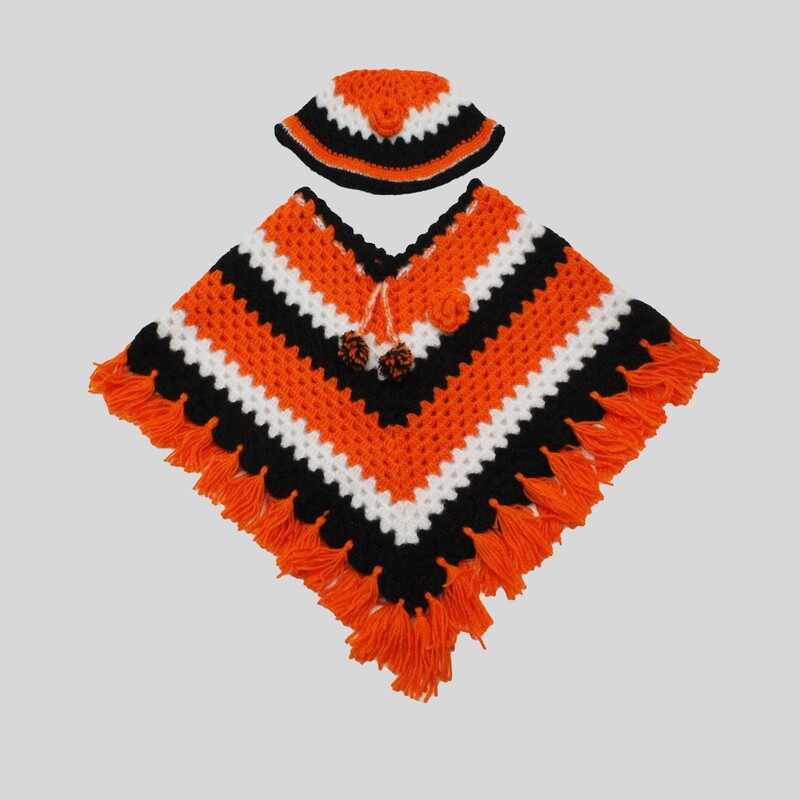 (3-4 Years) Kids Handknitted Woolen Poncho with Cap, Orange Black and White Striped