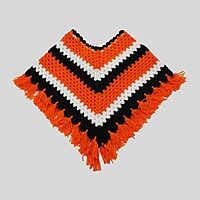 (3-4 Years) Kids Handknitted Woolen Poncho with Cap, Orange Black and White Striped