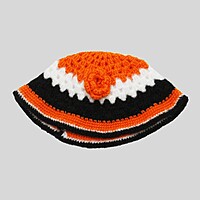 (3-4 Years) Kids Handknitted Woolen Poncho with Cap, Orange Black and White Striped