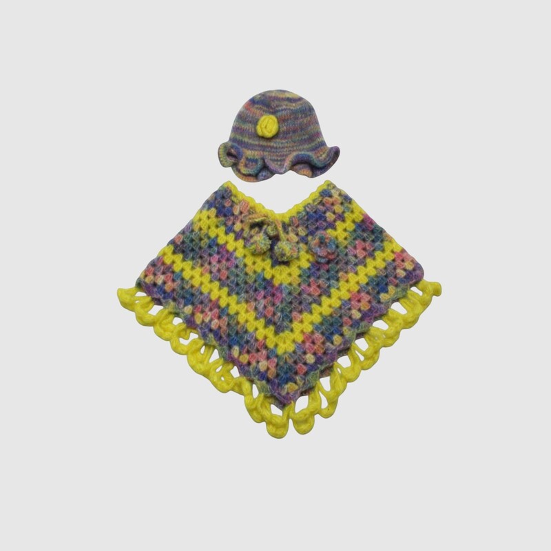 (3-6 Months) Handknitted Kids Multicoloured Woolen Poncho Set with Cap