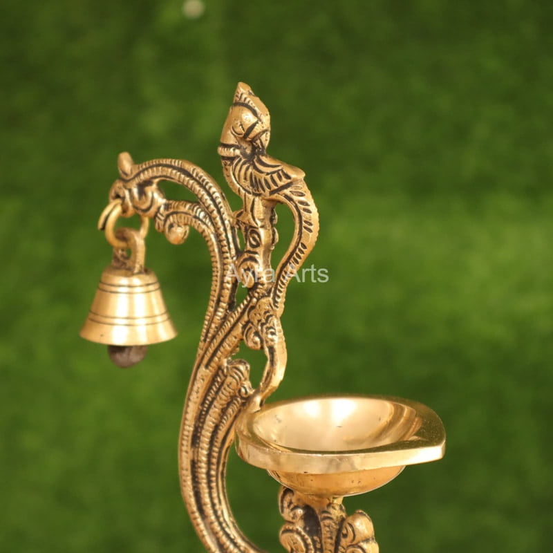 Brass Parrot Stand Diya with Bell - 8.2 inch Height | Artistic Enlightenment Brass Parrot Stand Diya with Bell - 8.2 inch Height | Artistic Enlightenment