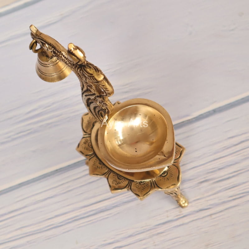 Brass Parrot Stand Diya with Bell - 8.2 inch Height | Artistic Enlightenment Brass Parrot Stand Diya with Bell - 8.2 inch Height | Artistic Enlightenment