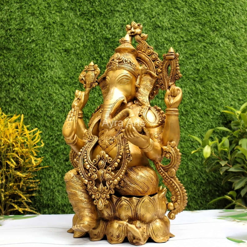 Golden Antique Load Ganesh Idol Sitting on Lotus Kamal Ganesha Statue - 21 inch Height Golden Antique Load Ganesh Idol Sitting on Lotus Kamal Ganesha Statue - 21 inch Height