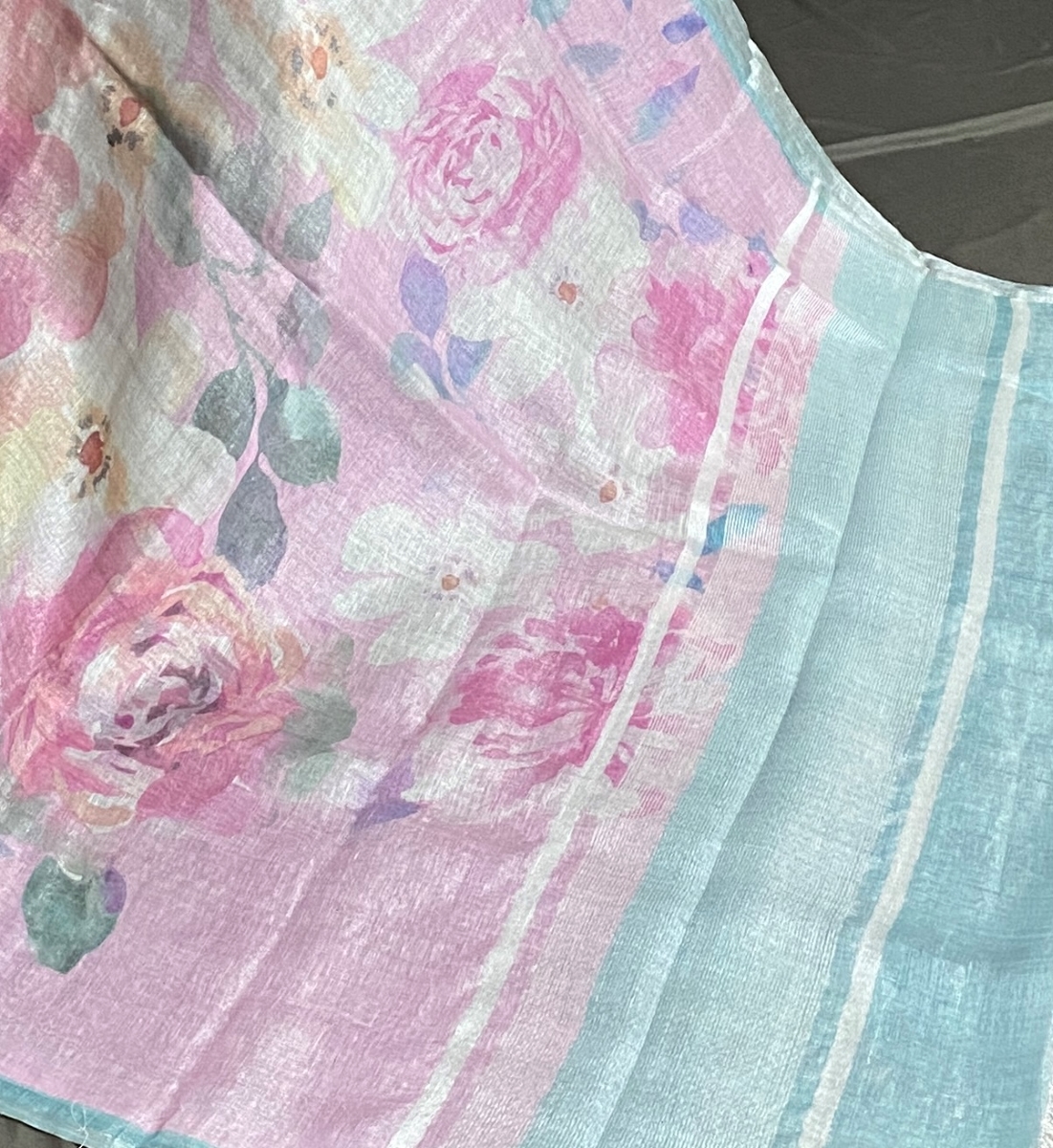 Buy Linen Tissue Saree with Floral Print Design – The Silk Walk Studio