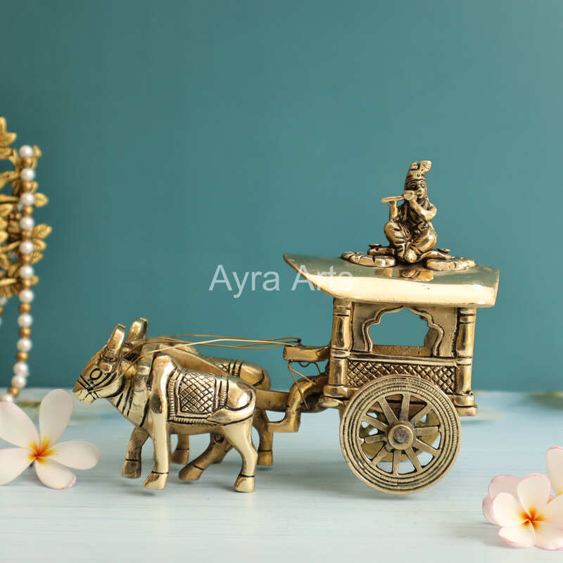 Brass Superfine Bullock Cart With Krishna On Top Of Cart - 6 Inch Height Brass Superfine Bullock Cart With Krishna On Top Of Cart - 6 Inch Height