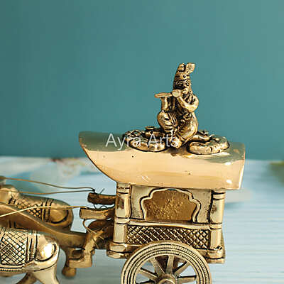 Brass Superfine Bullock Cart With Krishna On Top Of Cart - 6 Inch Height Brass Superfine Bullock Cart With Krishna On Top Of Cart - 6 Inch Height