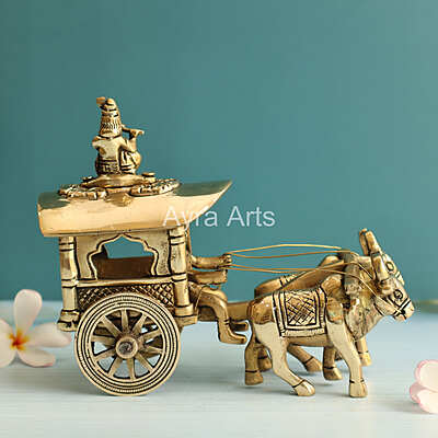 Brass Superfine Bullock Cart With Krishna On Top Of Cart - 6 Inch Height Brass Superfine Bullock Cart With Krishna On Top Of Cart - 6 Inch Height
