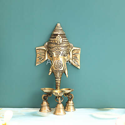 Brass Ganesh Wall Hanging Three wick Diya And Bells for Home Temple Decor- 8.5 Inch Height