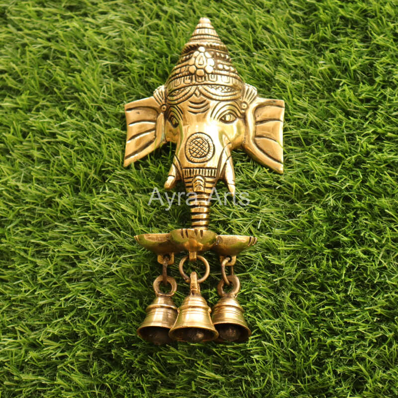 Brass Ganesh Wall Hanging Three wick Diya And Bells for Home Temple Decor- 8.5 Inch Height