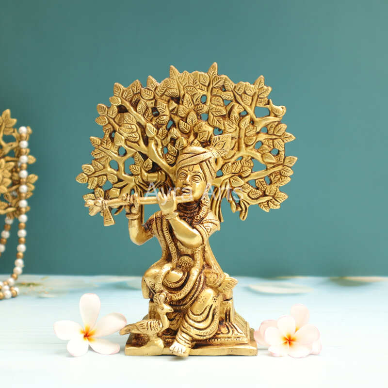 Pure Brass Krishna Playing Flute Under Tree Kalpavriksh Tree - 8.5 Inch Height Pure Brass Krishna Playing Flute Under Tree Kalpavriksh Tree - 8.5 Inch Height