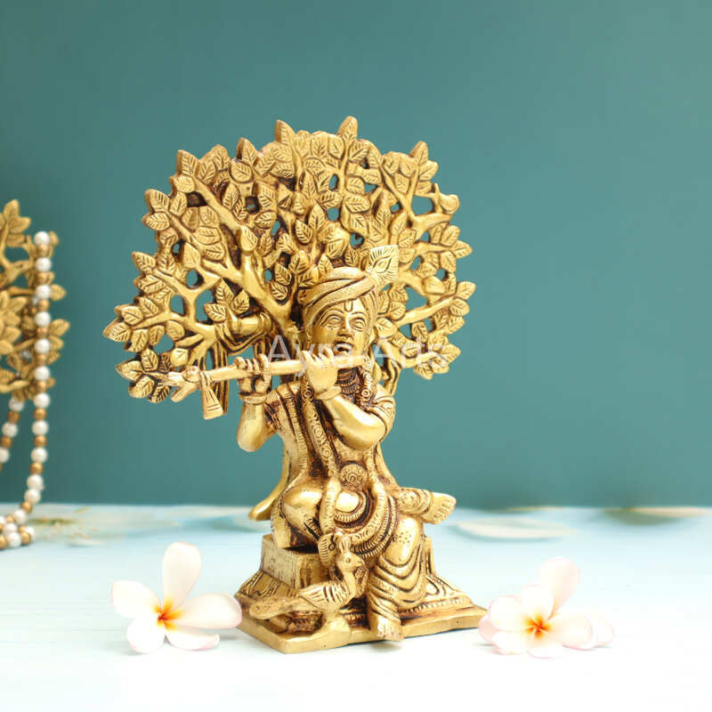 Pure Brass Krishna Playing Flute Under Tree Kalpavriksh Tree - 8.5 Inch Height Pure Brass Krishna Playing Flute Under Tree Kalpavriksh Tree - 8.5 Inch Height