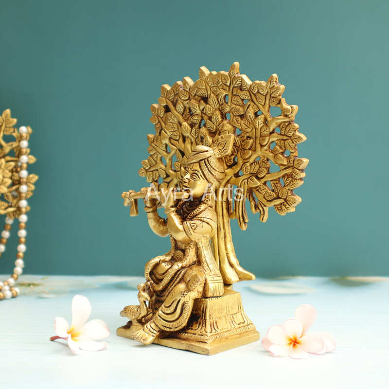Pure Brass Krishna Playing Flute Under Tree Kalpavriksh Tree - 8.5 Inch Height Pure Brass Krishna Playing Flute Under Tree Kalpavriksh Tree - 8.5 Inch Height