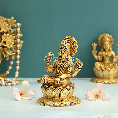 Lord Vishnu Murthi Seated on Lotus In Brass - 5.2 Inch Height Lord Vishnu Murthi Seated on Lotus In Brass - 5.2 Inch Height