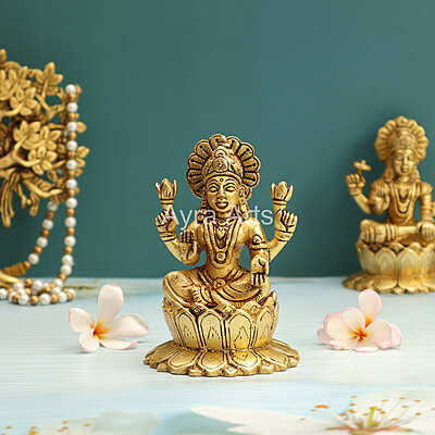 Goddess Lakshmi Statue Seated on Lotus In Brass - 5.2 Inch Height